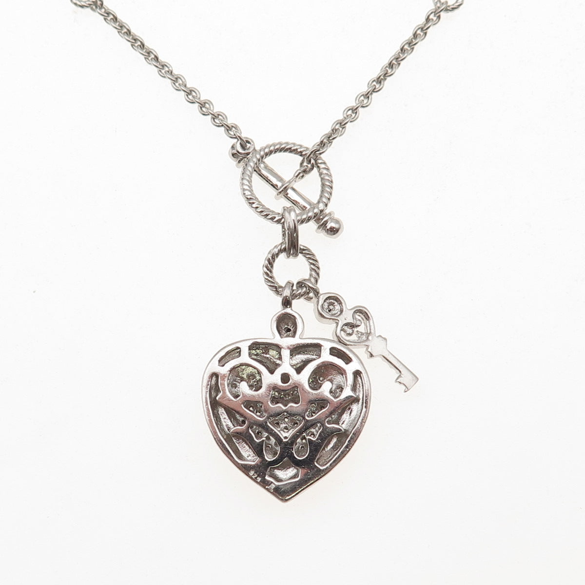 925 Sterling Silver Real Round-Cut Diamond Heart & Key Chain Necklace 18"