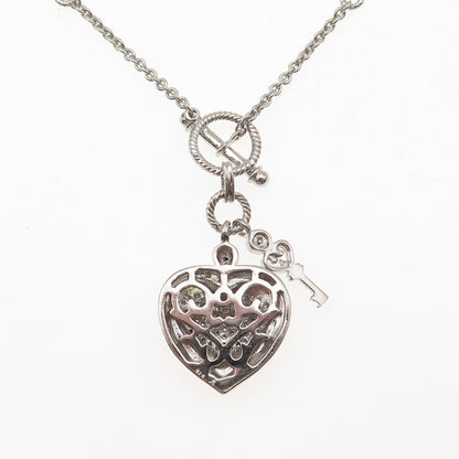 925 Sterling Silver Real Round-Cut Diamond Heart & Key Chain Necklace 18"