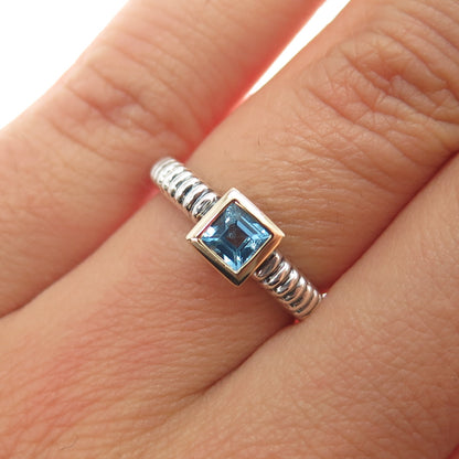 14K Gold 925 Sterling Silver Vintage Real Princess-Cut Blue Topaz Ring Size 5.75