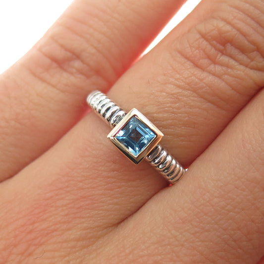 14K Gold 925 Sterling Silver Vintage Real Princess-Cut Blue Topaz Ring Size 5.75