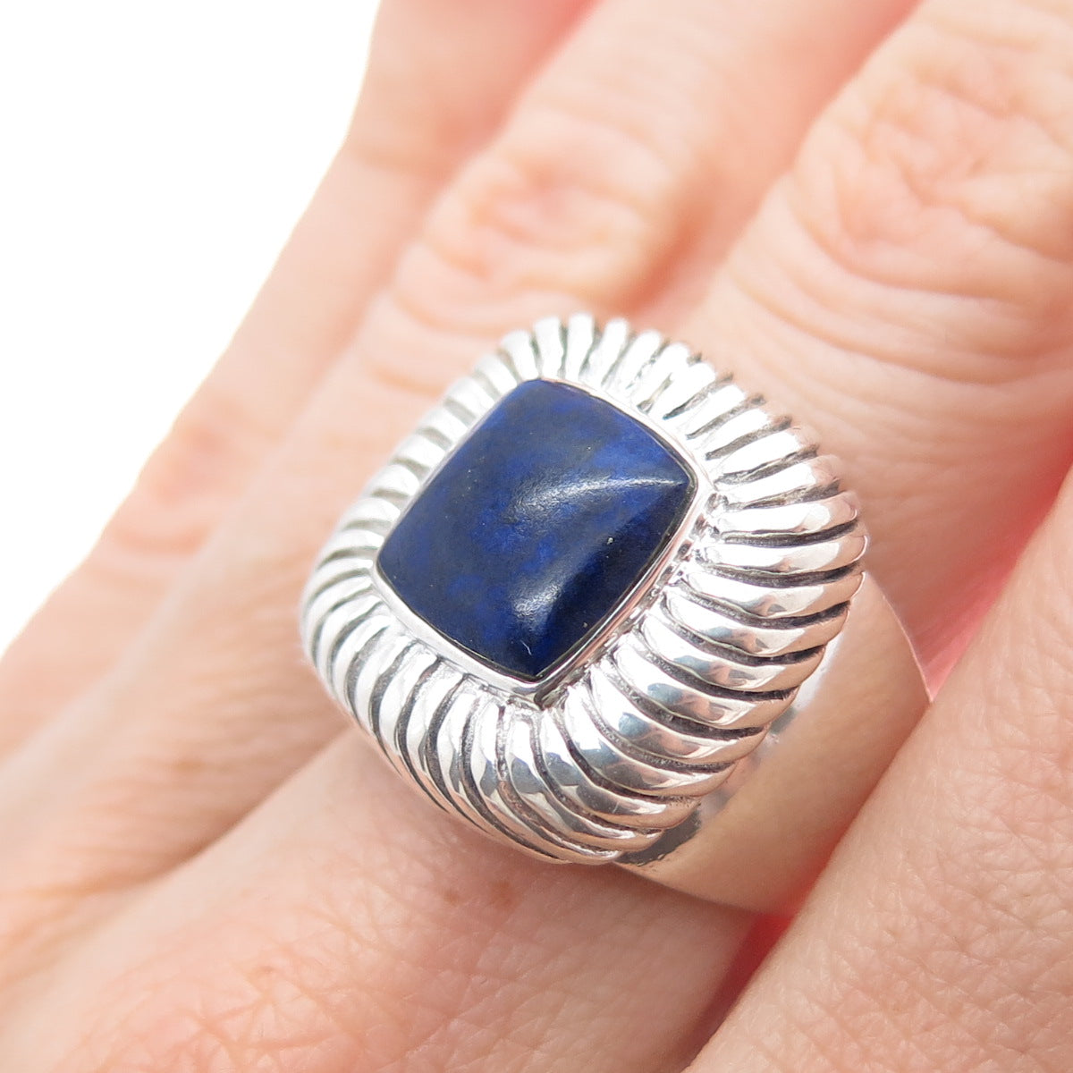925 Sterling Silver Vintage Real Lapis Lazuli Modernist Ring Size 7
