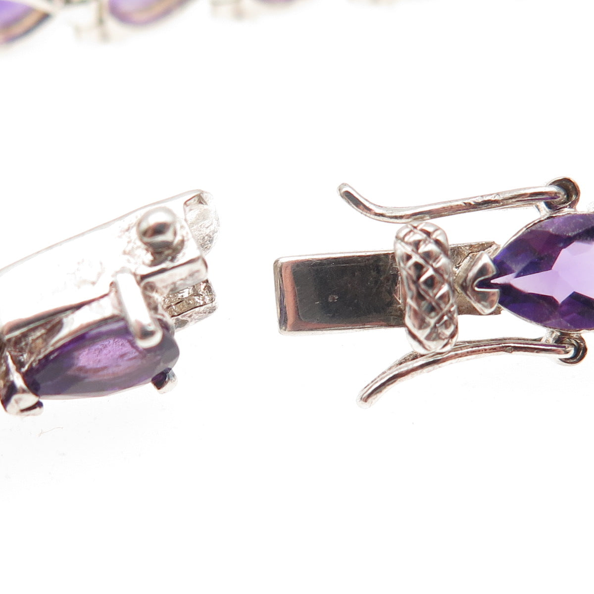 925 Sterling Silver Vintage Real Pear-Cut Amethyst Teardrop Link Bracelet 7"