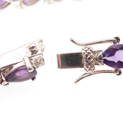 925 Sterling Silver Vintage Real Pear-Cut Amethyst Teardrop Link Bracelet 7"