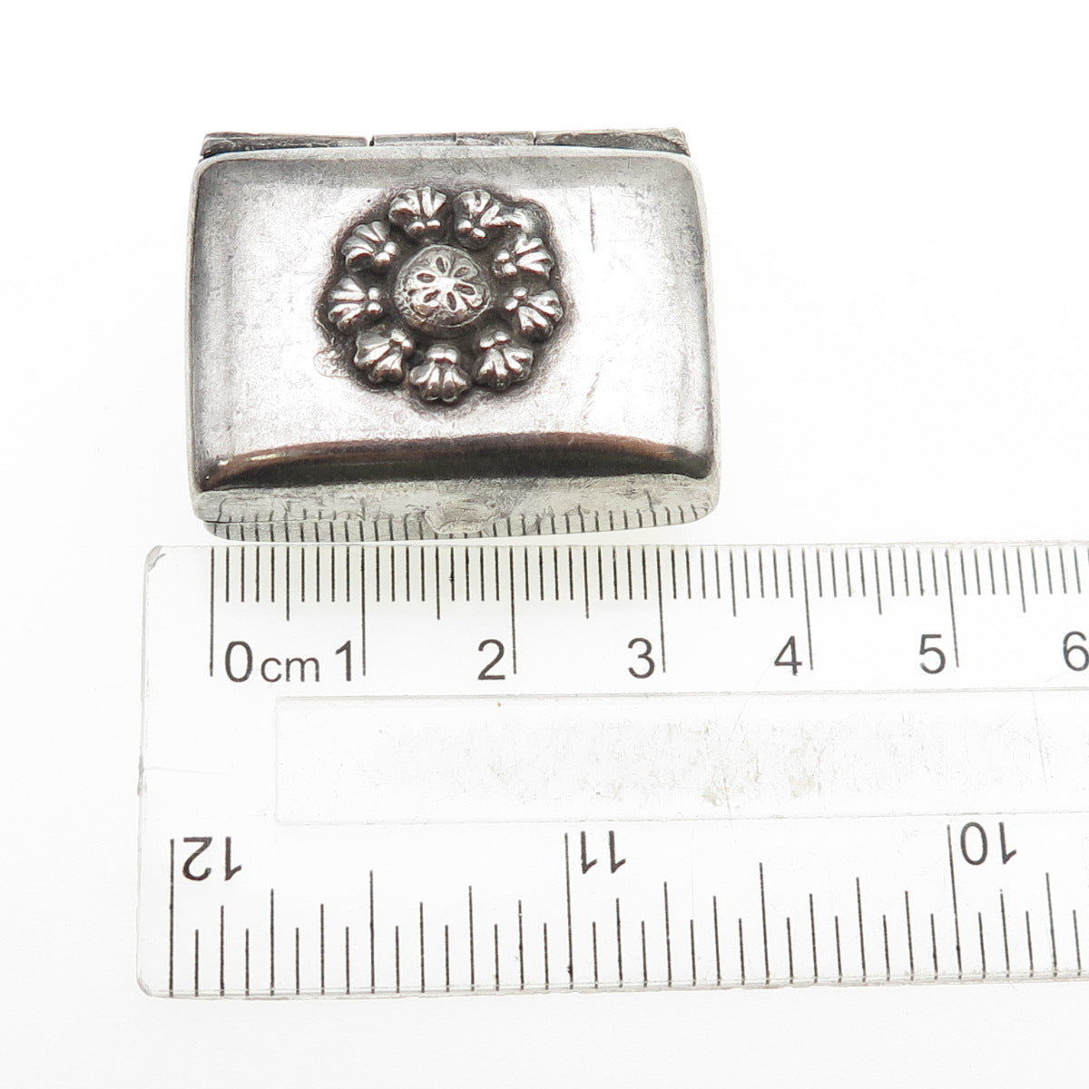 925 Sterling Silver Antique Art Deco Flower Oxidized Snuff / Pill Box