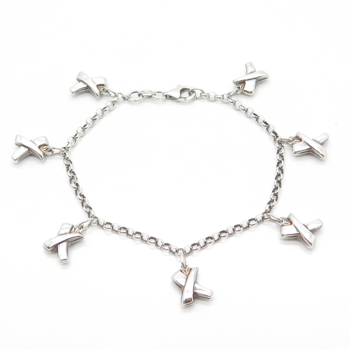 925 Sterling Silver Vintage Stationed Puffy "X" Charm Rolo Link Bracelet 7"