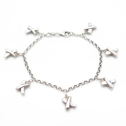 925 Sterling Silver Vintage Stationed Puffy "X" Charm Rolo Link Bracelet 7"