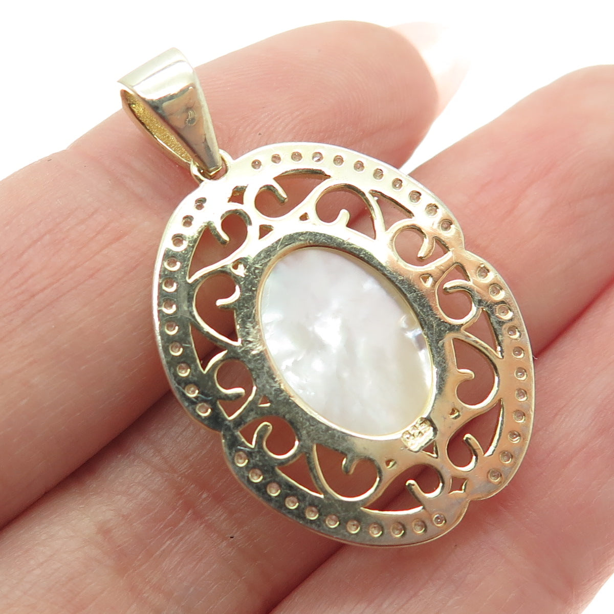 925 Sterling Silver Gold Plated Mother-of-Pearl & C Z Religious Theme Pendant