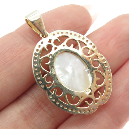 925 Sterling Silver Gold Plated Mother-of-Pearl & C Z Religious Theme Pendant