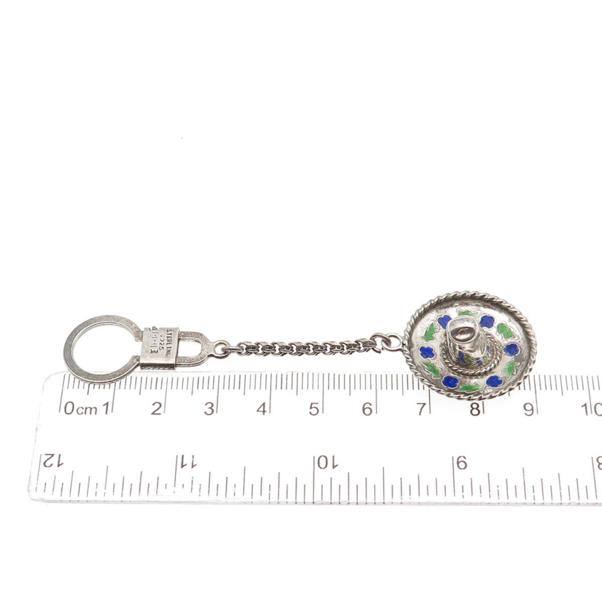 925 Sterling Silver Vintage Enamel Mexico Sombrero Hat Key Fob Chain