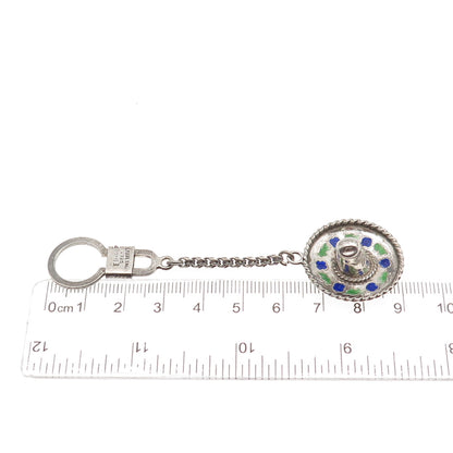 925 Sterling Silver Vintage Enamel Mexico Sombrero Hat Key Fob Chain