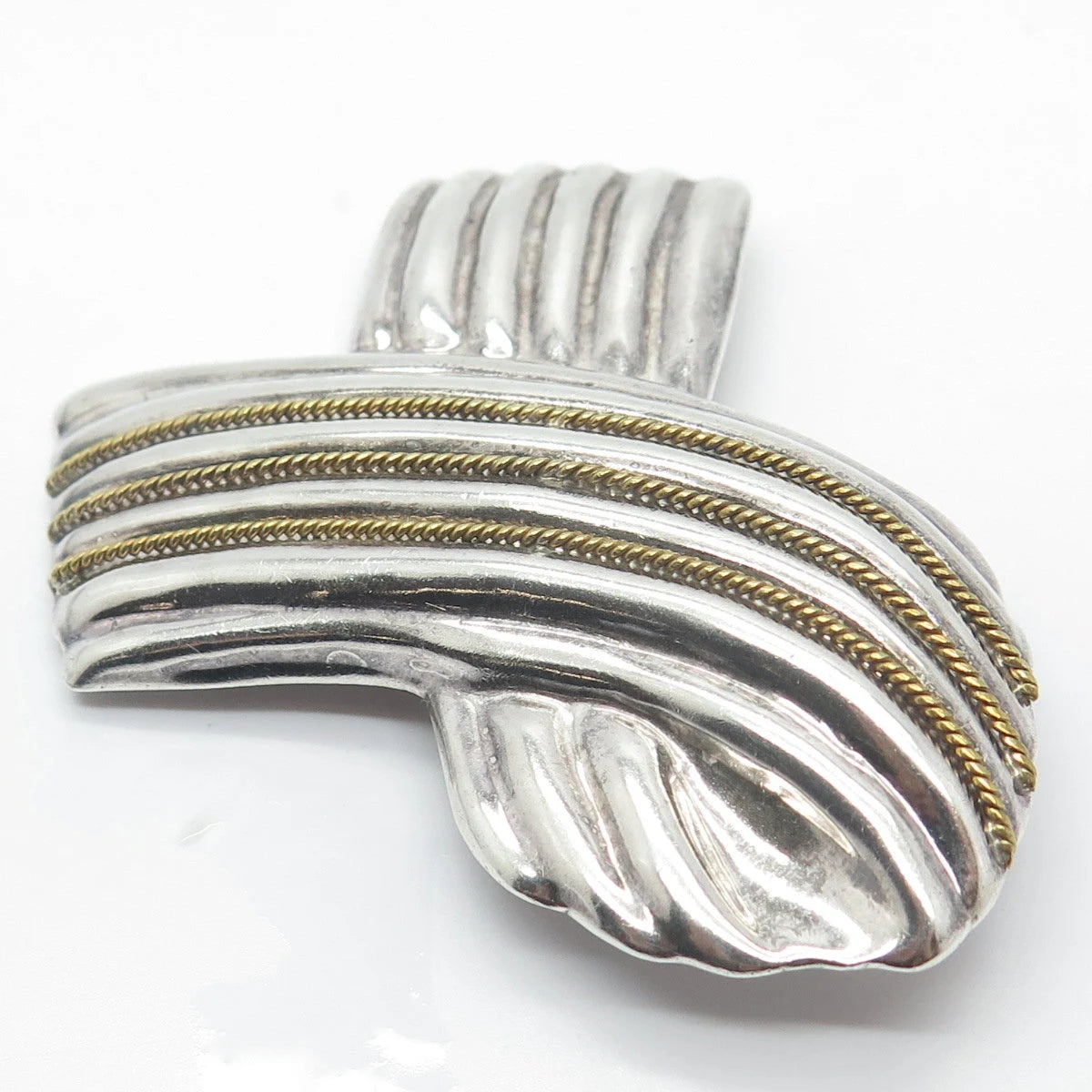 925 Sterling Silver 2-Tone Vintage Mexico Laton Ribbon Pin Brooch / Pendant