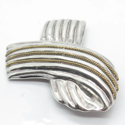 925 Sterling Silver 2-Tone Vintage Mexico Laton Ribbon Pin Brooch / Pendant