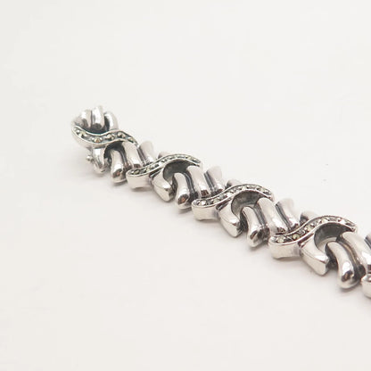 925 Sterling Silver Antique Real Marcasite Gem "X" Link Bracelet 7.25"