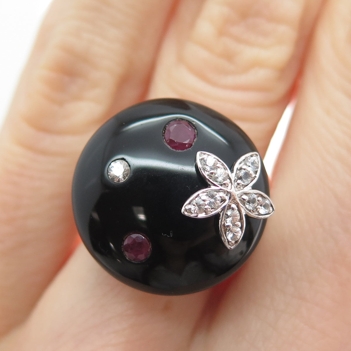 CLYDE DUNEIER CID 925 Sterling Silver Real Onyx Ruby Topaz Flower Ring Size 5.25
