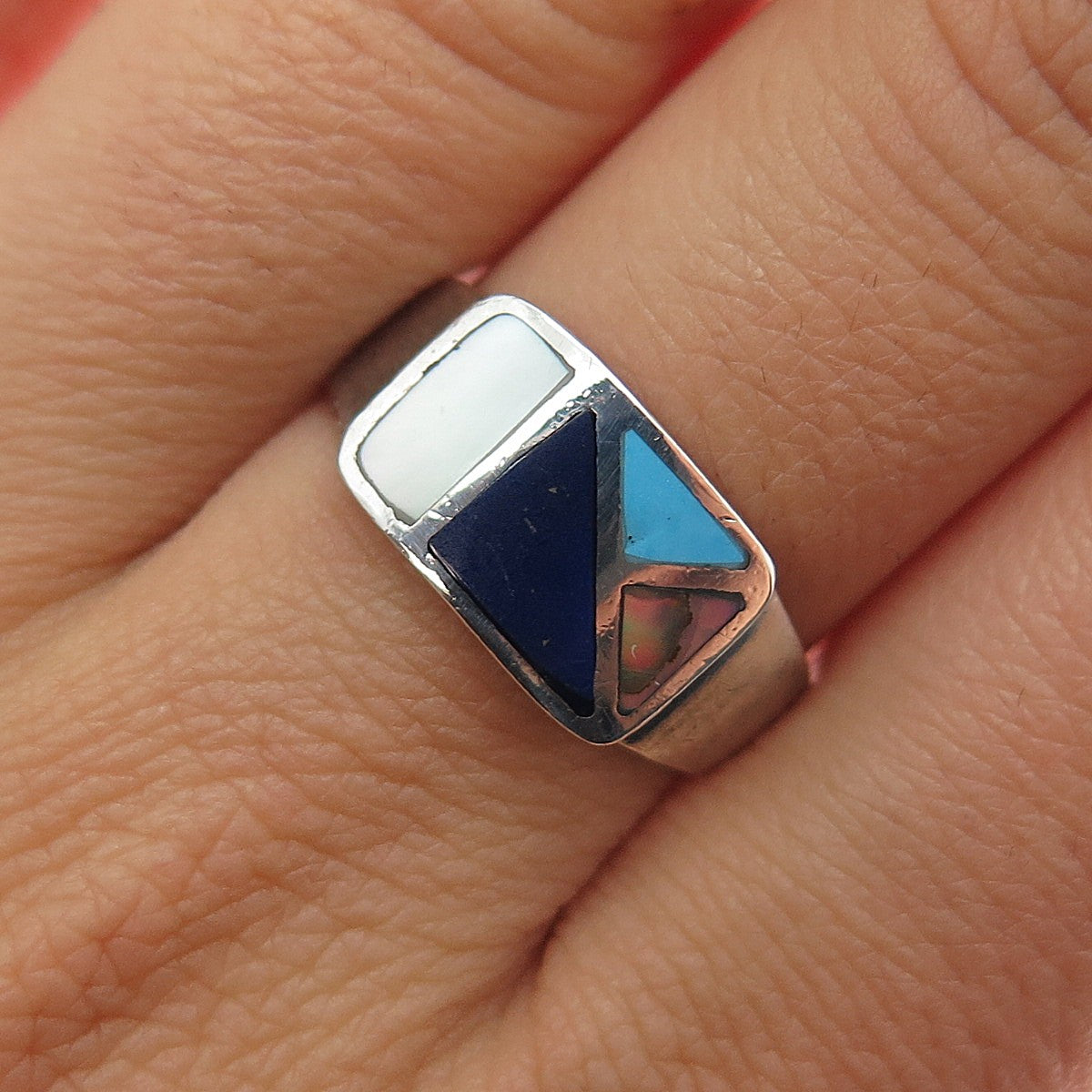 925 Sterling Silver Vintage Lapis Turquoise Abalone Shell & MOP Ring Size 7.75