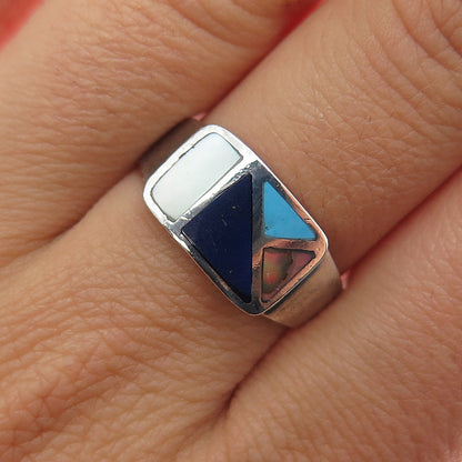925 Sterling Silver Vintage Lapis Turquoise Abalone Shell & MOP Ring Size 7.75