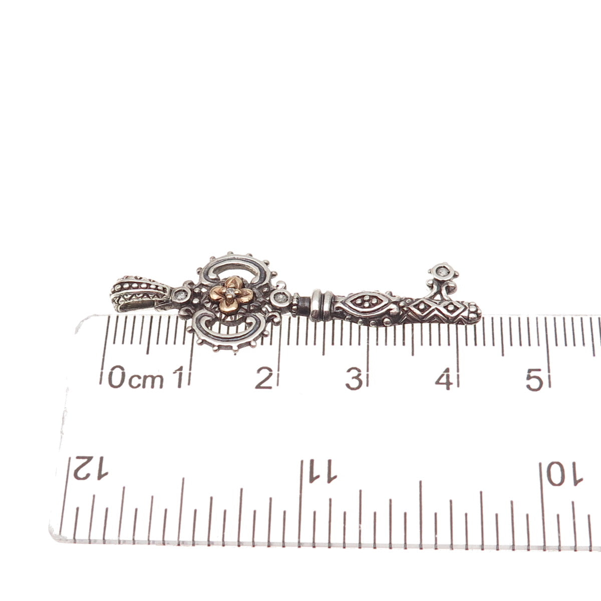 925 Sterling Silver 14K Gold Real Round-Cut Diamond Key of Life Charm Pendant
