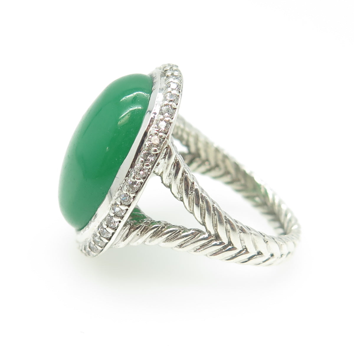 925 Sterling Silver Real Jade & White C Z Ring Size 8.25