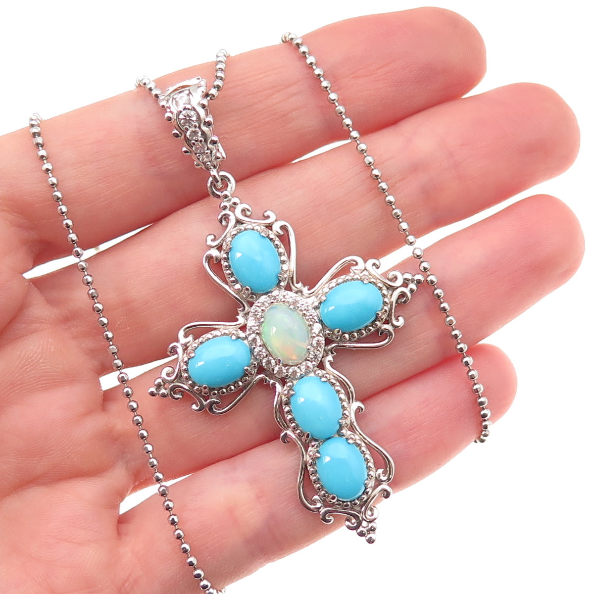 925 Sterling Silver Real Turquoise Opal Topaz Cross Beaded Chain Necklace 20-22"