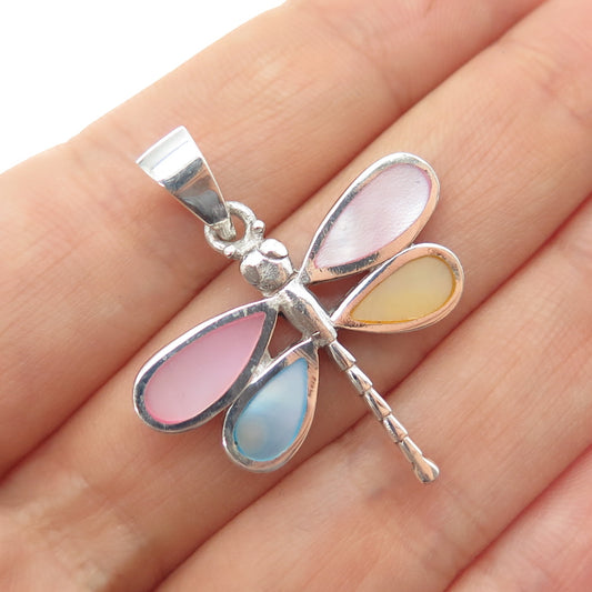 925 Sterling Silver Vintage Real Multi-Color MOP Dragonfly Charm Pendant