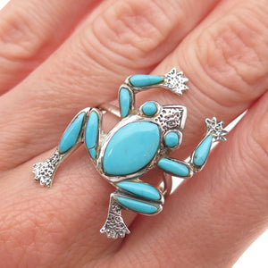 925 Sterling Silver Vintage Real Turquoise Frog Good Luck Ring Size 8.75