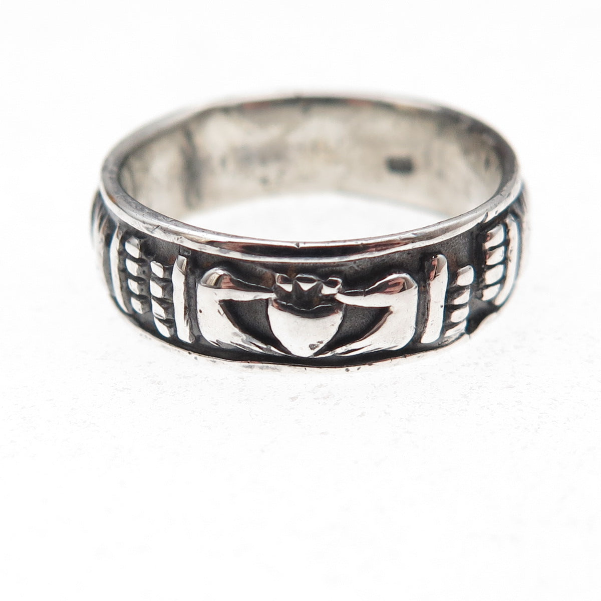 925 Sterling Silver Vintage Irish Claddagh Oxidized Band Ring Size 6.75