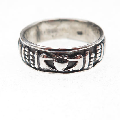 925 Sterling Silver Vintage Irish Claddagh Oxidized Band Ring Size 6.75