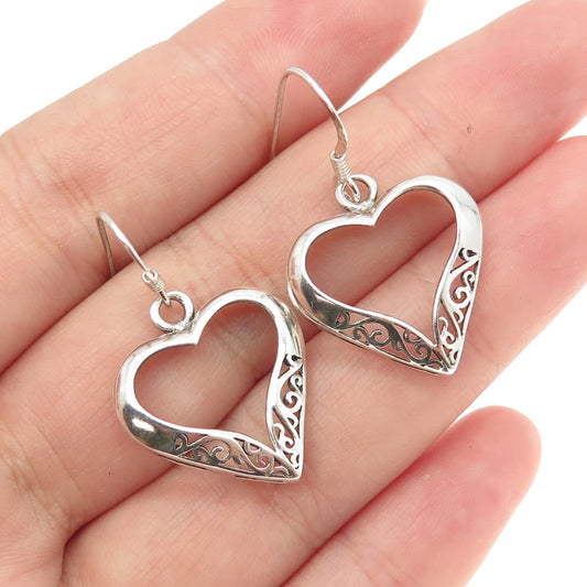 925 Sterling Silver Vintage Swirl Open Heart Dangling Earrings