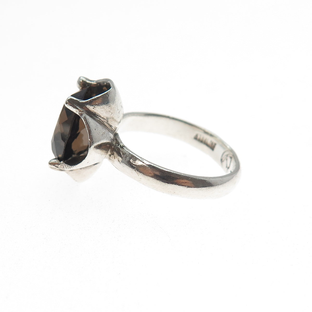925 Sterling Silver Vintage Mexico Real Smoky Quartz Modernist Ring Size 6.25