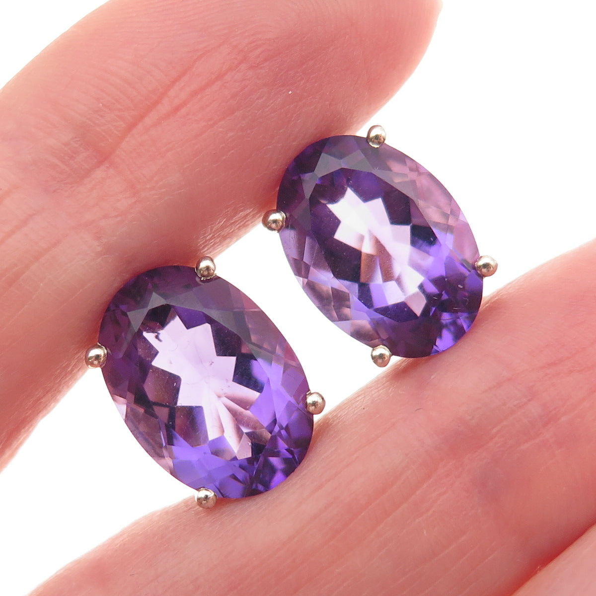 925 Sterling Silver Gold Plated Vintage Real Amethyst Omega Back Earrings