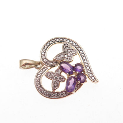 925 Sterling Silver Real Diamond Accent & Amethyst Butterfly Heart Charm Pendant