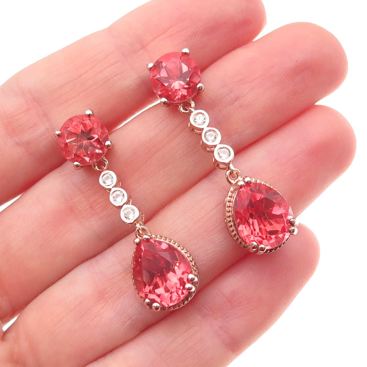 Chuck Clemency Sterling Gold Plated Pink Watermelon Quartz White Topaz Earrings