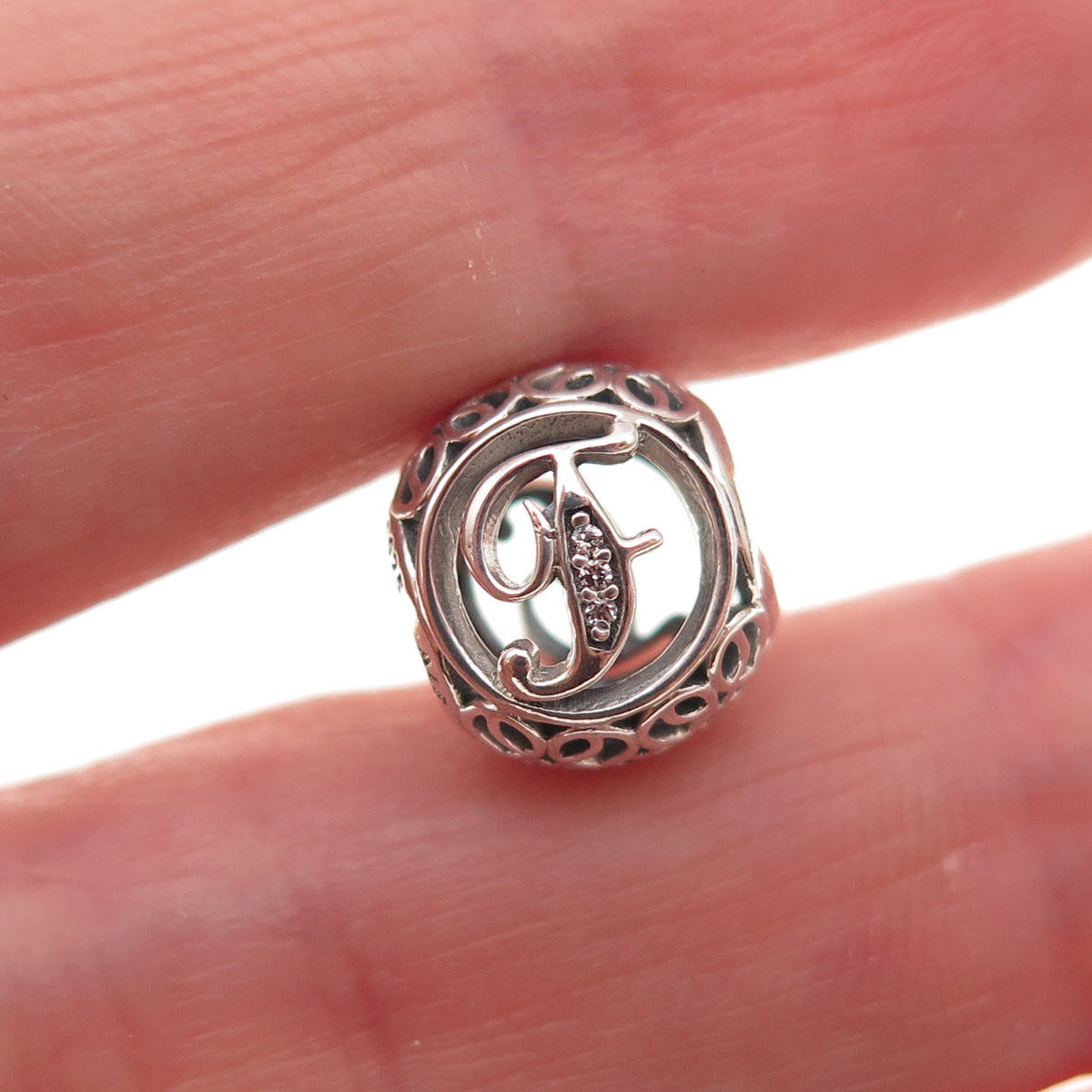 Pandora 925 Sterling Silver C Z Letter F Initial Slide Bead Charm
