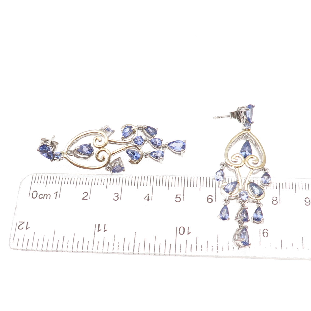 Chuck Clemency 925 Sterling Silver 2-Tone Real Tanzanite Heart Dangle Earrings