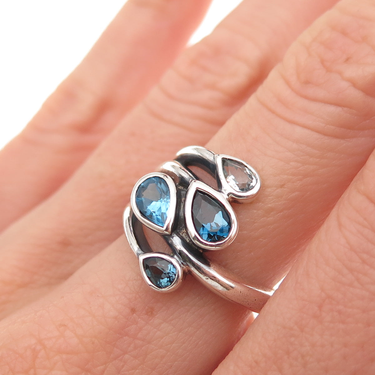 925 Sterling Silver Vintage Real London Blue & White Topaz Oxidized Ring Size 7