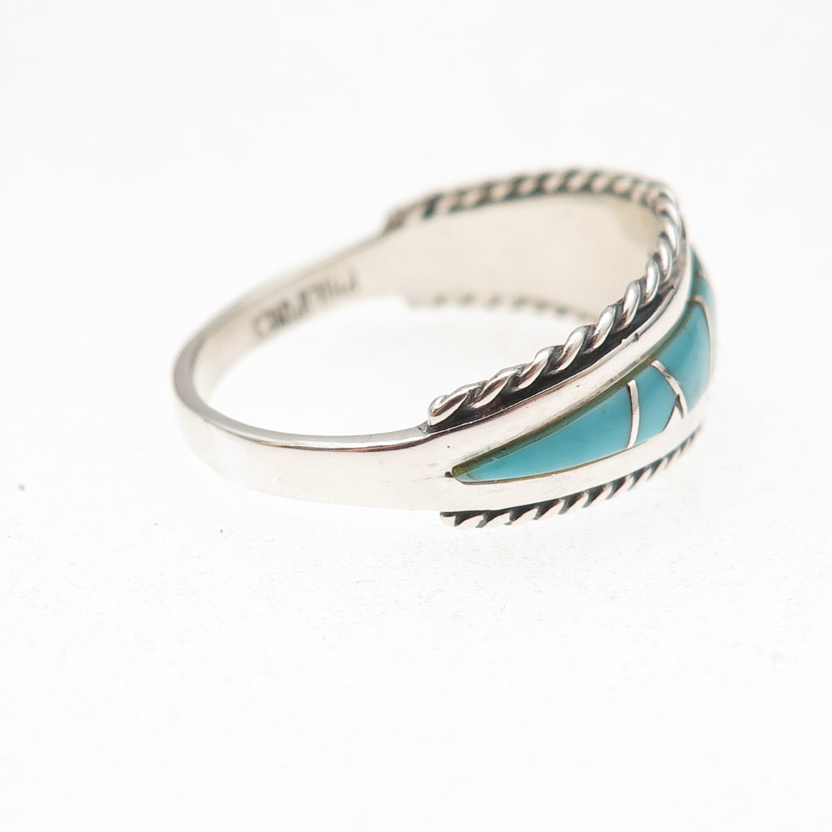 925 Sterling Silver Vintage Real Turquoise Zig Zag Oxidized Ring Size 8.25