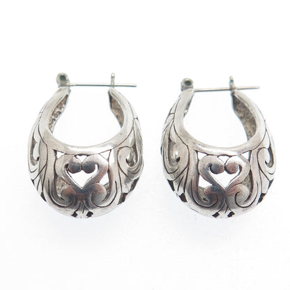 925 Sterling Silver Vintage Floral Ornate Oval Hoop Earrings
