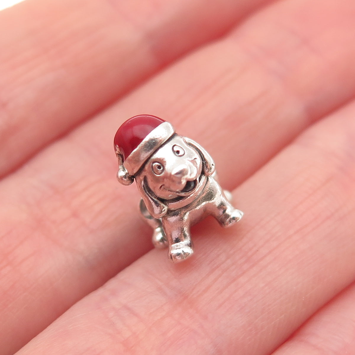 PANDORA 925 Sterling Silver Enamel Christmas Puppy Dog Slide Bead Charm
