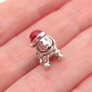 PANDORA 925 Sterling Silver Enamel Christmas Puppy Dog Slide Bead Charm