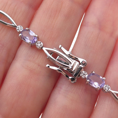 925 Sterling Silver Real Amethyst & C Z Bracelet 7.25"