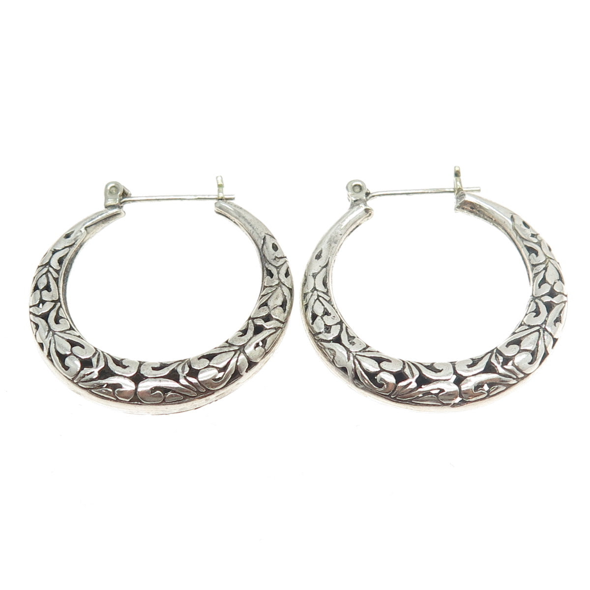 925 Sterling Silver Vintage Ornate Hinged Hoop Earrings