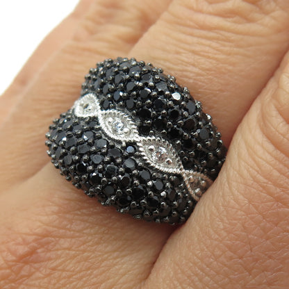 925 Sterling Silver Real Round-Cut White Topaz Black Spinel Marquise Ring Size 8