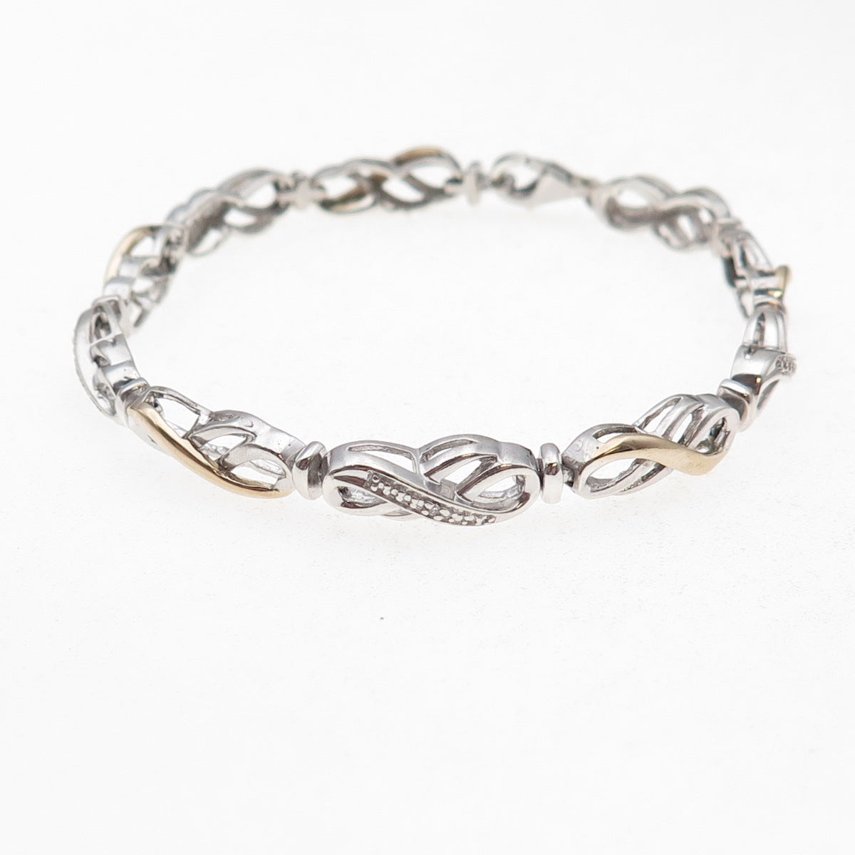 925 Sterling Silver 2-Tone Real Diamond Infinity Link Bracelet 7.5"