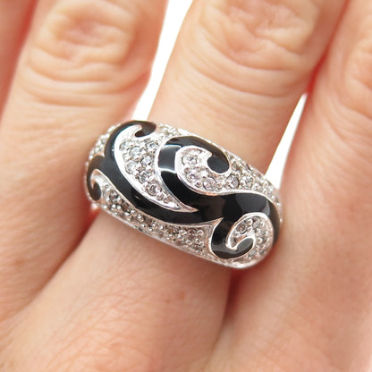 KEN CRAFTS 925 Sterling Silver Enamel & C Z Floral Swirl Ring Size 7