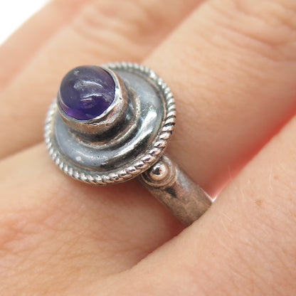 925 Sterling Silver Vintage Real Amethyst Modernist Oxidized Ring Size 7.25