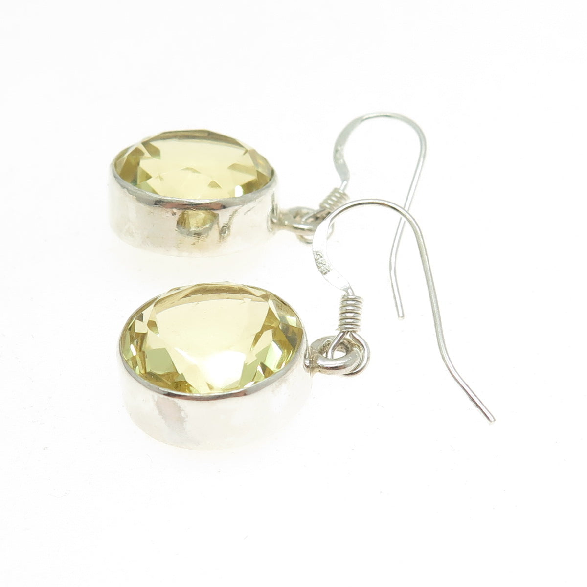 925 Sterling Silver Vintage Real Round-Cut Citrine Dangling Earrings