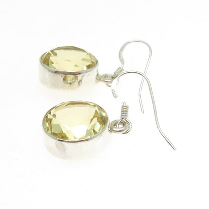 925 Sterling Silver Vintage Real Round-Cut Citrine Dangling Earrings