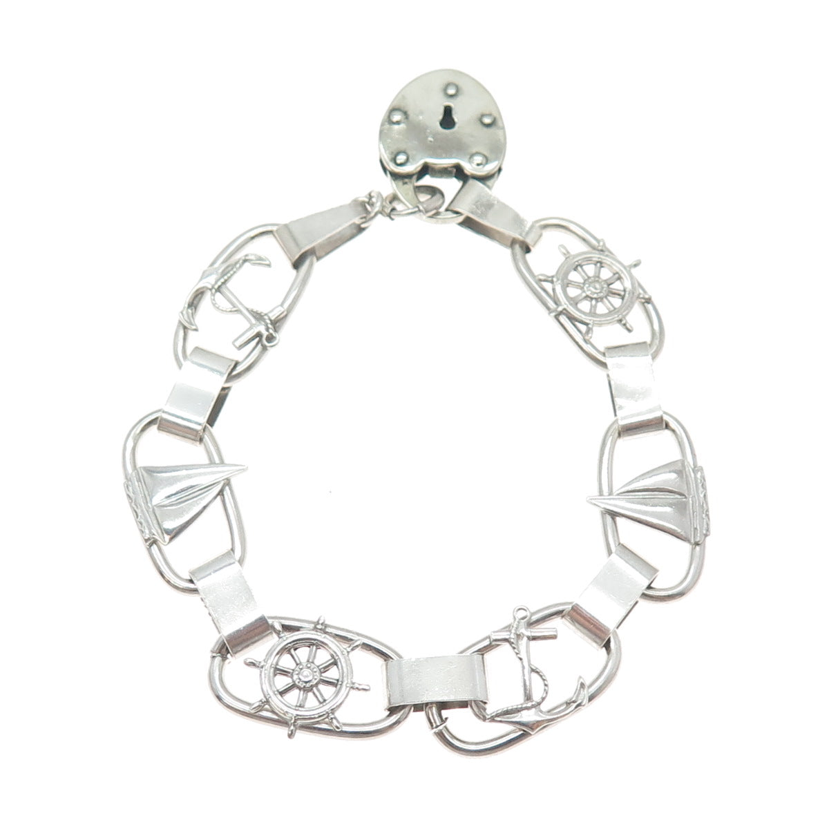 925 Sterling Silver Antique Heart Padlock Sailboat Wheel & Anchor Bracelet 7.25"