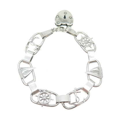 925 Sterling Silver Antique Heart Padlock Sailboat Wheel & Anchor Bracelet 7.25"