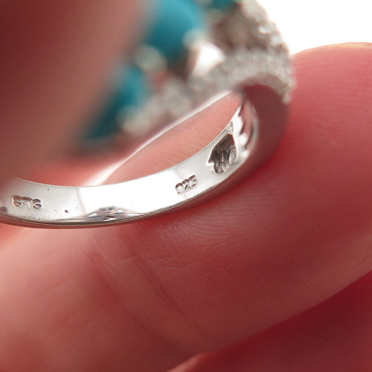 Chuck Clemency 925 Sterling Silver Real Turquoise & White Topaz Ring Size 8.5